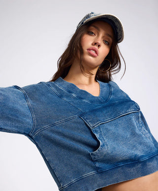 Retro Fade Panelled V Sweater - Washed Blue
