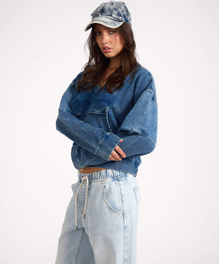 Retro Fade Panelled V Sweater - Washed Blue