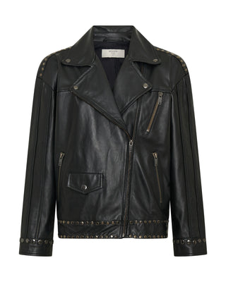 Biker Studded Zipped Leather Jacket - Black