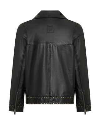 Biker Studded Zipped Leather Jacket - Black