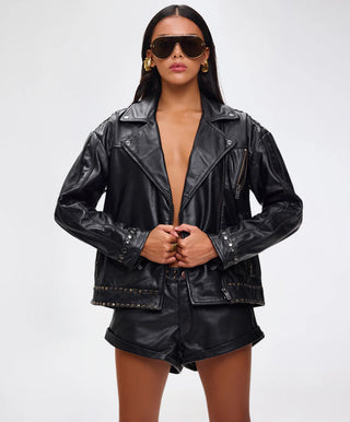 Biker Studded Zipped Leather Jacket - Black