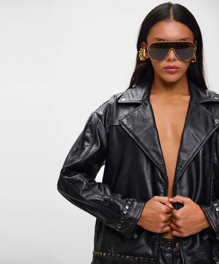 Biker Studded Zipped Leather Jacket - Black