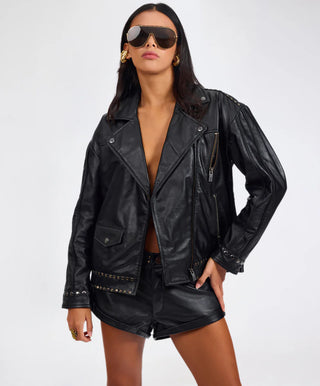 Biker Studded Zipped Leather Jacket - Black