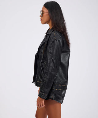 Biker Studded Zipped Leather Jacket - Black