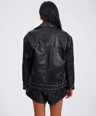 Biker Studded Zipped Leather Jacket - Black