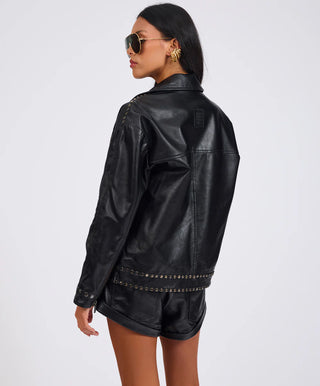 Biker Studded Zipped Leather Jacket - Black
