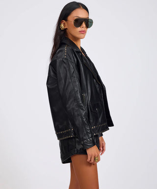 Biker Studded Zipped Leather Jacket - Black