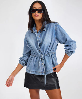 Drawstring Denim Shirt - Washed Blue