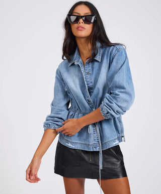 Drawstring Denim Shirt - Washed Blue