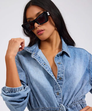 Drawstring Denim Shirt - Washed Blue