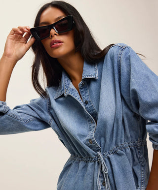 Drawstring Denim Shirt - Washed Blue