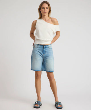 Rambler Mid Waist Wide Leg Boyfriend Denim Shorts - Endless Summer Blue