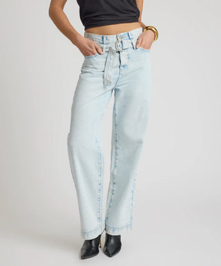 Jackson Belted Mid Waist Wide Leg Denim Jeans - Beach Blue