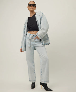 Jackson Belted Mid Waist Wide Leg Denim Jeans - Beach Blue