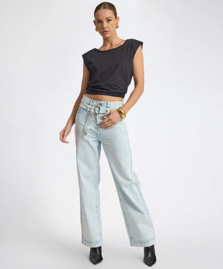 Jackson Belted Mid Waist Wide Leg Denim Jeans - Beach Blue