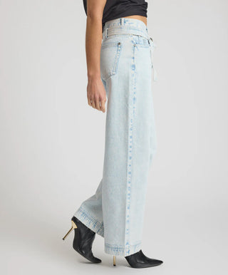 Jackson Belted Mid Waist Wide Leg Denim Jeans - Beach Blue