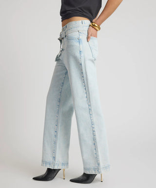 Jackson Belted Mid Waist Wide Leg Denim Jeans - Beach Blue