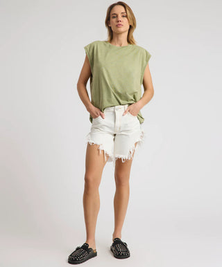 Frankies High Waist Long Length Denim Shorts - White Beauty