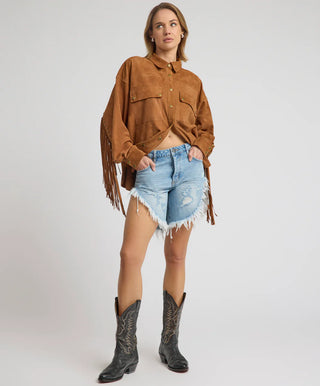 Frankies Low Waist Long Length Denim Shorts - Riviera Blue