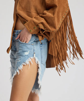 Frankies Low Waist Long Length Denim Shorts - Riviera Blue