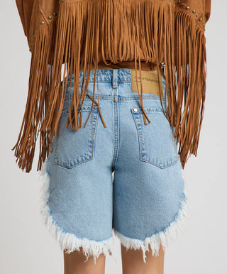Frankies Low Waist Long Length Denim Shorts - Riviera Blue