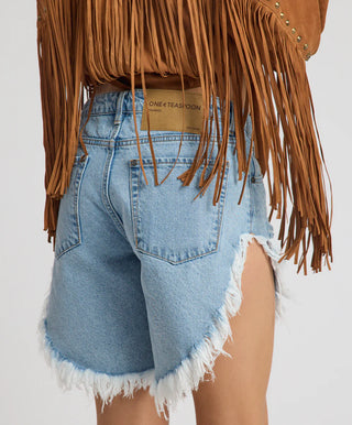 Frankies Low Waist Long Length Denim Shorts - Riviera Blue
