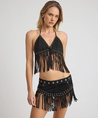Rebel Rider Fringed Studded Suede Cami Top - Black
