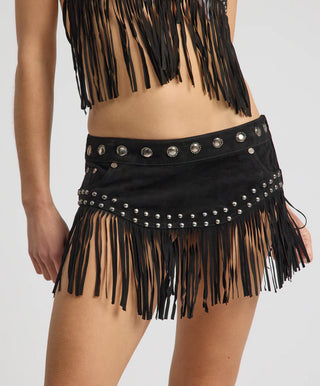 Rebel Rider Studded Fringe Suede Micro Skirt - Black