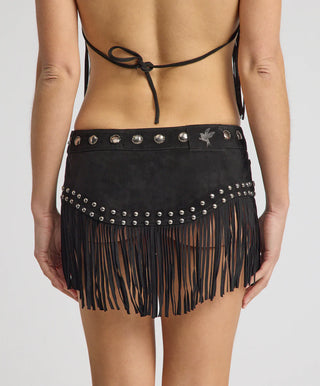 Rebel Rider Studded Fringe Suede Micro Skirt - Black