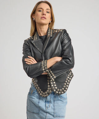 City Nights Studded Cropped Leather Blazer - Black