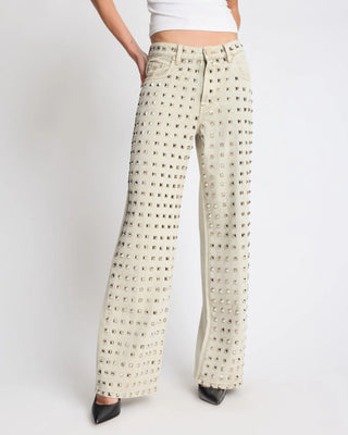Jackson Mid Waist Wide Leg Studded Denim Jeans - Antique Khaki