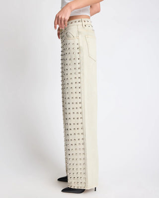 Jackson Mid Waist Wide Leg Studded Denim Jeans - Antique Khaki