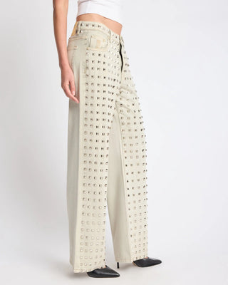 Jackson Mid Waist Wide Leg Studded Denim Jeans - Antique Khaki