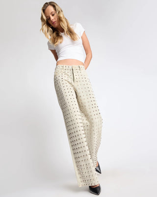 Jackson Mid Waist Wide Leg Studded Denim Jeans - Antique Khaki