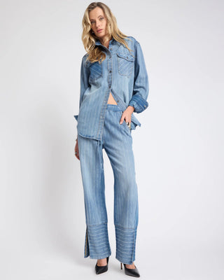 Roadhouse Mid Waist Wide Leg Drawstring Denim Jeans - Blue Stripe