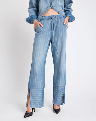Roadhouse Mid Waist Wide Leg Drawstring Denim Jeans - Blue Stripe
