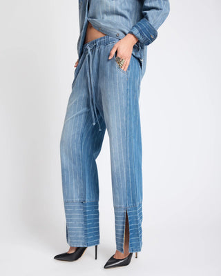 Roadhouse Mid Waist Wide Leg Drawstring Denim Jeans - Blue Stripe