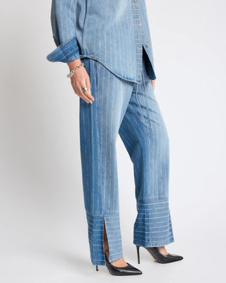 Roadhouse Mid Waist Wide Leg Drawstring Denim Jeans - Blue Stripe