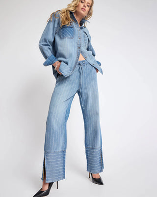 Roadhouse Mid Waist Wide Leg Drawstring Denim Jeans - Blue Stripe