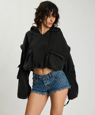 Puff Power Cropped Zip-Off Sleeve Hoodie - Vintage Black