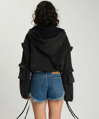 Puff Power Cropped Zip-Off Sleeve Hoodie - Vintage Black