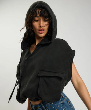 Puff Power Cropped Zip-Off Sleeve Hoodie - Vintage Black