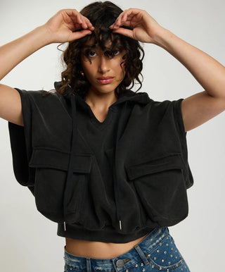 Puff Power Cropped Zip-Off Sleeve Hoodie - Vintage Black