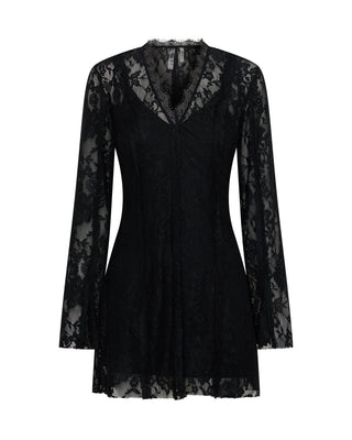 Vintage Whisper Lace Longsleeve Mini Dress - Black