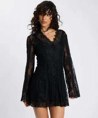 Vintage Whisper Lace Longsleeve Mini Dress - Black