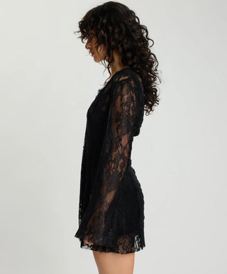 Vintage Whisper Lace Longsleeve Mini Dress - Black