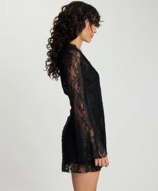 Vintage Whisper Lace Longsleeve Mini Dress - Black