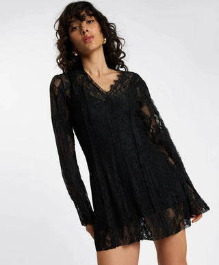 Vintage Whisper Lace Longsleeve Mini Dress - Black