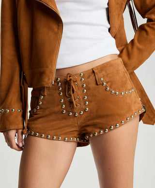 Whiskey Micro Dukes Low Waist Mini Lace-Up Suede Shorts - Brown