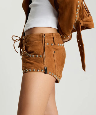 Whiskey Micro Dukes Low Waist Mini Lace-Up Suede Shorts - Brown